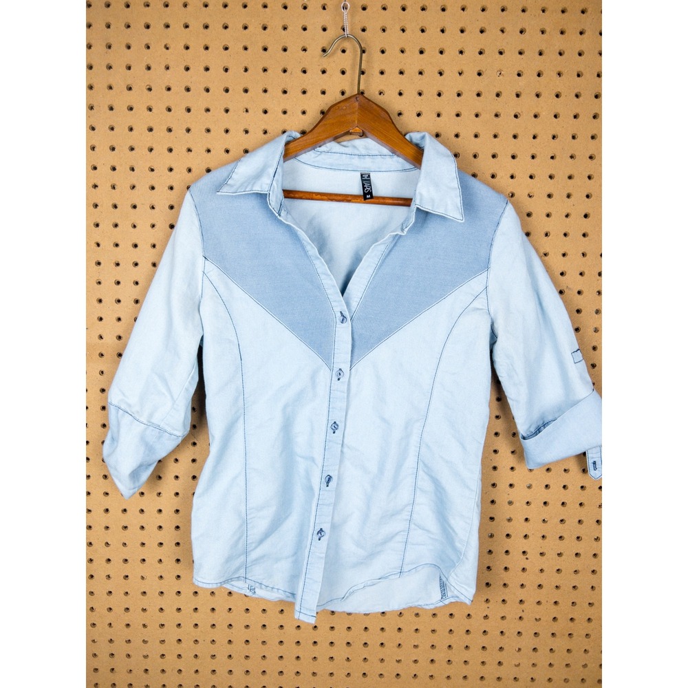 Lapis Light Wash Denim Blue Button Up Shirt Ribbed‎ Yoke Western Size M